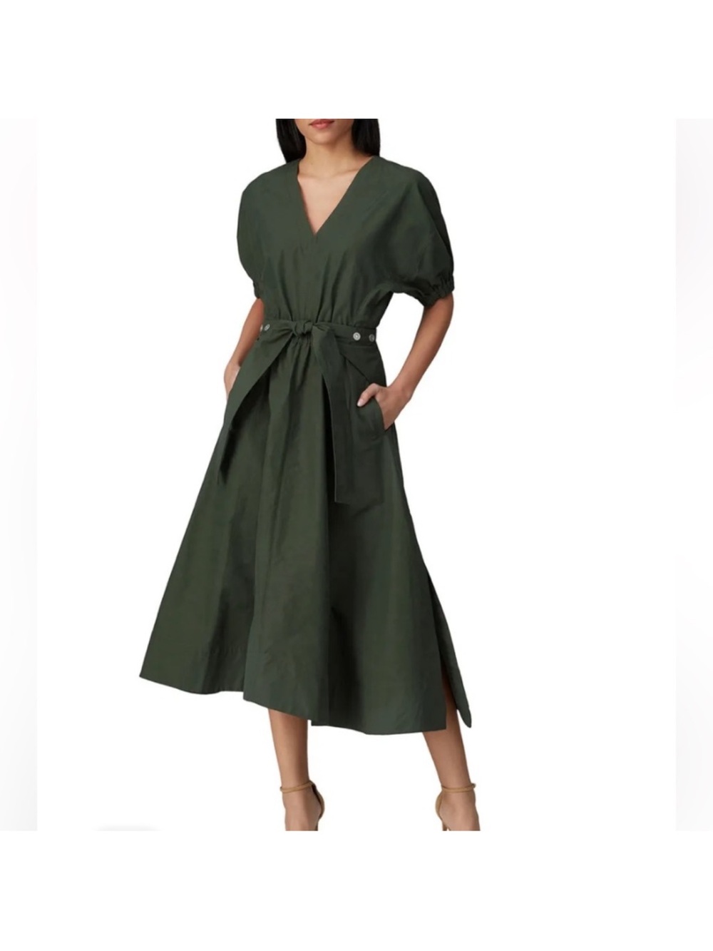 3.1 Phillip Lim Olive Green V-Neck Midi Dress with Tie Belt